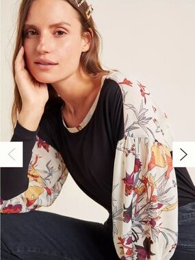 Anthropologie Black Tee with Cream Floral Balloon Sleeves
